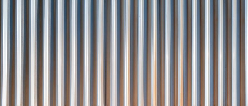 Vertical striped corrugated metal surface with blue, white, and rust tones