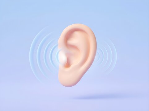 3D Rendered Human Ear Anatomy Symbolizing Acoustic Awareness and Sound Perception with Pulsing Sonic Wave Ripples on a Soft Pastel Gradient Background