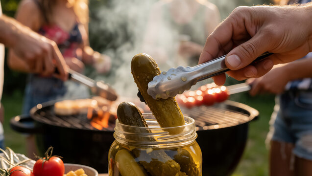 Close-up of a hand using metal tongs to take a pickle from a glass jar. Outdoor barbecue with a smoky grill and friends in the background