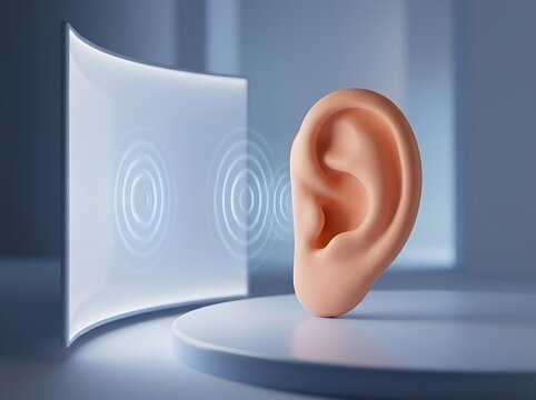Conceptual 3D Visualization of Human Ear Receiving Acoustic Sound Wave Patterns in a Minimalist Digital Environment for Auditory Science Research