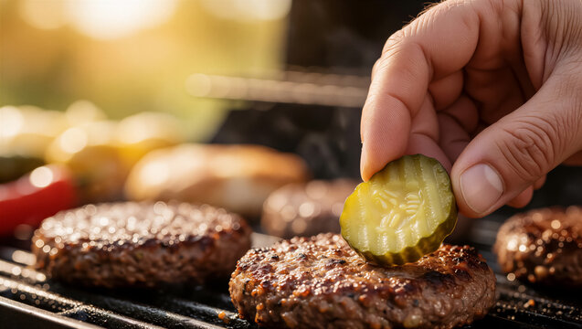 A hand carefully places a fresh pickle slice onto a sizzling burger patty cooking on a hot barbecue grill. Perfect for summer outdoor cooking and delicious food