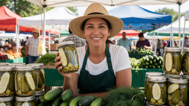 A smiling woman presents a jar of homemade pickles at a bustling farmer market. She offers fresh, healthy food and supports local small business. Joyful outdoor summer day