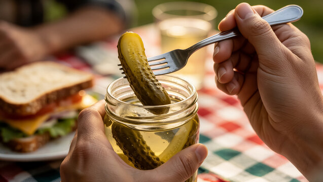 A hand extracts a crisp dill pickle from a jar with a fork, set against a sunny outdoor picnic. This refreshing side dish complements a delightful summer meal