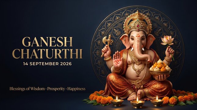 Ganesh Chaturthi 2026 luxury navy banner with realistic Ganesha, golden mandala, diyas and marigolds