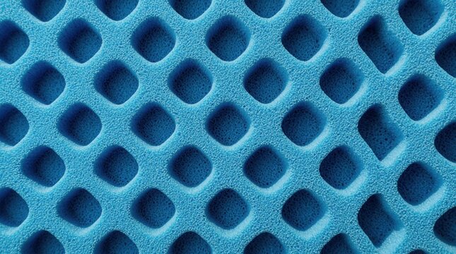 Abstract blue cyan rubber foam texture with geometric pattern. Close up macro view of soft spongy material surface. Synthetic padding material with embossed holes for gym mat, yoga floor, industrial