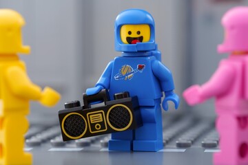 Fototapeta premium Tambov, Russian Federation - May 30, 2025 Close-up shot of Blue Lego astronaut minifigure holding a boombox standing next to two other Lego cosmonauts