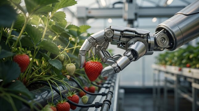 Advanced robotic arm carefully picking and harvesting a ripe red strawberry in an indoor greenhouse