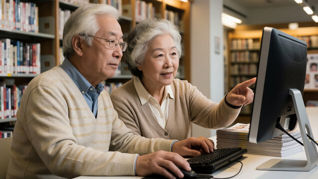 An elderly Asian couple learns how to use a computer in a public library. The senior woman points at the monitor while her husband uses the mouse