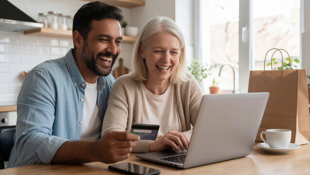 A happy diverse couple laughing while online shopping on a laptop in their kitchen. The smiling man holds a credit card for an e-commerce purchase