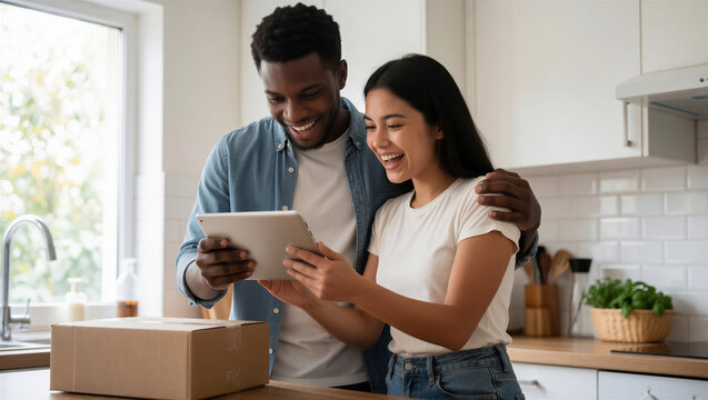 Happy young diverse couple looking at a digital tablet in the kitchen. They are tracking a home delivery package. Online shopping concept