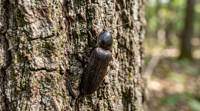 A close up view of a dark click beetle crawling on a textured tree bark in the forest.