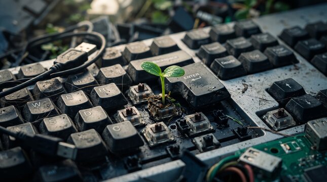 A small green seedling sprout growing out from inside an old dirty mechanical computer keyboard