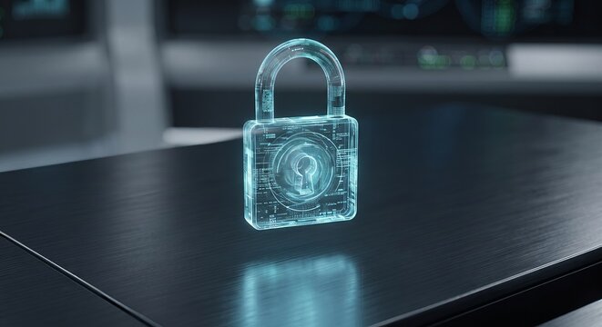 Glowing transparent cyan digital padlock icon representing cyber security and data protection