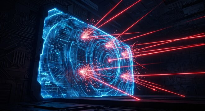 Abstract futuristic dark cube protected by a glowing blue digital shield under heavy red laser attacks