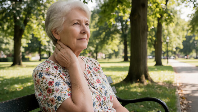 Senior woman sitting on a park bench holding her neck in pain. Thoughtful elderly female experiencing sore throat outdoors