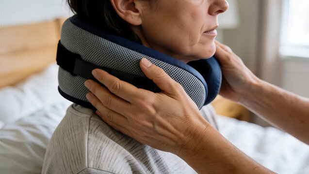 A close-up of a woman receiving assistance with her neck brace, highlighting medical support and home care for recovery from neck pain or injury