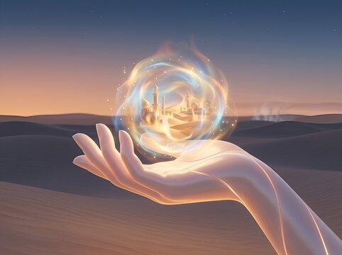 A surreal conceptual illustration featuring a delicate glowing hand cradling a shimmering desert mirage city within a swirling ethereal energy sphere