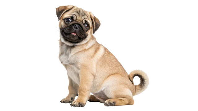 Cute small pedigree pug puppy dog sitting looking forward isolated on transparent background