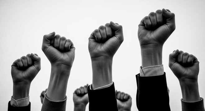 Diverse hands raised in solidarity during a powerful protest, symbolizing unity and resistance.