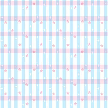 Cute pastel plaid seamless pattern with pink stars and sparkles on light blue gingham background