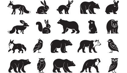 Fototapeta premium Collection of minimalist black and white vector animal silhouettes depicting various forest creatures like bears foxes owls and rabbits isolated