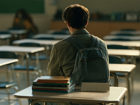Student feeling academic pressure in classroom while dealing with homework and seeking a calm moment