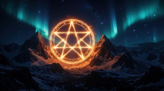 Glowing orange pentagram symbol floats over dark snowy mountains at night. Mystical magic sign shines bright against teal aurora borealis sky. Fantasy landscape with stars, cosmic energy in remote