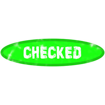 Bright green oval stamp button with the word checked written in white text for business approval and icons