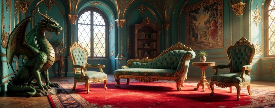 Ornate room interior with antique furniture and a large green dragon statue. Luxurious velvet chairs, chaise lounge, and detailed golden trim adorn the chamber.