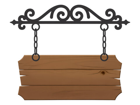 Wooden hanging sign with decorative wrought iron bracket isolated on transparent background