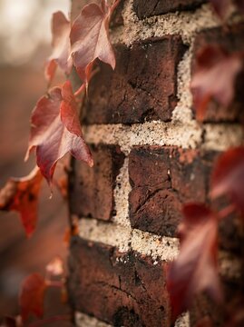 Rustic brick wall with autumn ivy leaves, weathered red brick masonry texture, fall foliage on old building exterior