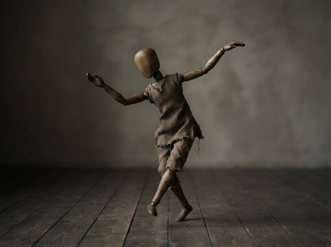 A graceful wooden mannequin performing an artistic dance pose on a rustic dark wooden floor in a moody atmosphere