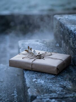 Rustic brown paper gift box on frozen stone steps. Winter holiday parcel with twine and dried leaf. Cold blue morning atmosphere.