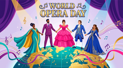 Obraz premium Colorful figures in formal attire celebrating opera on a decorative globe with musical notes with stand hand