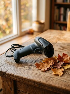Black barcode scanner on rustic wooden table, handheld laser reader with autumn leaves, retail technology in cozy home office