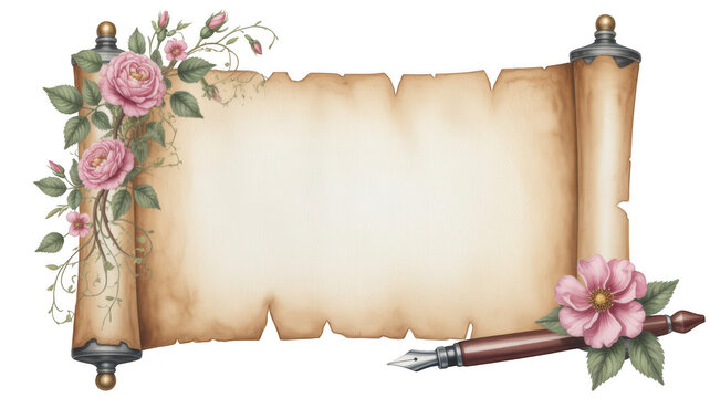 Vintage parchment scroll with pink roses and fountain pen isolated on transparent background