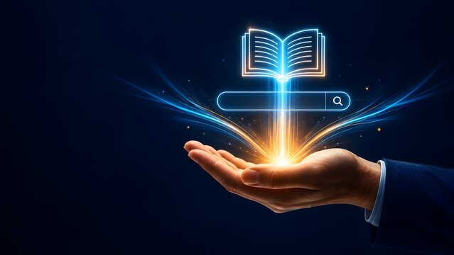 Hand of a businessman emitting a bright glowing light that forms a digital open book and a search bar, symbolizing digital knowledge discovery, e-learning, and online information retrieval.