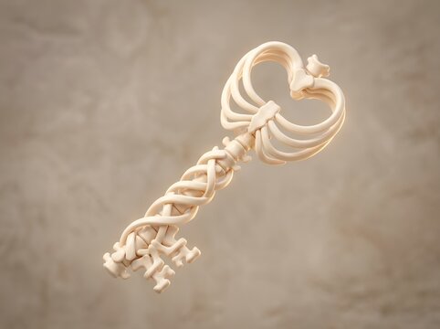 A surreal artistic sculpture featuring intricately carved white rib cage bones forming the shape of an ornate antique skeleton key on a textured background