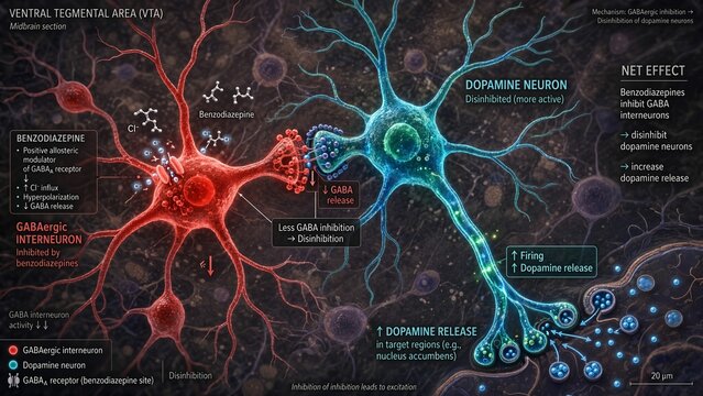 Benzodiazepines inhibiting red gabaergic interneurons in the midbrain leading to dopamine neuron disinhibition and increased dopamine release in vta circuits