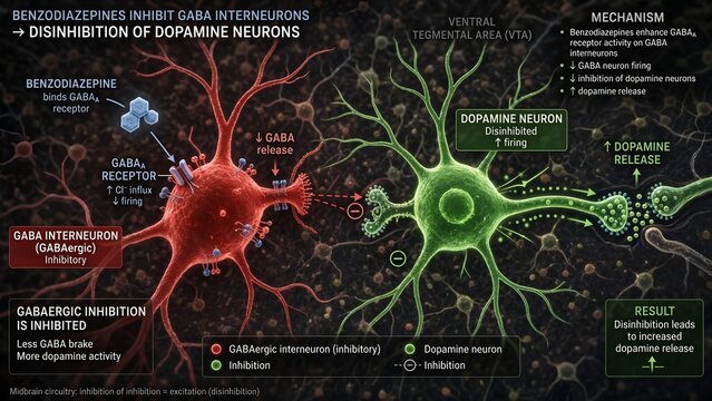 Gabaergic interneurons in the midbrain section being inhibited by opioids or benzos to trigger dopamine neuron disinhibition and elevated dopamine release