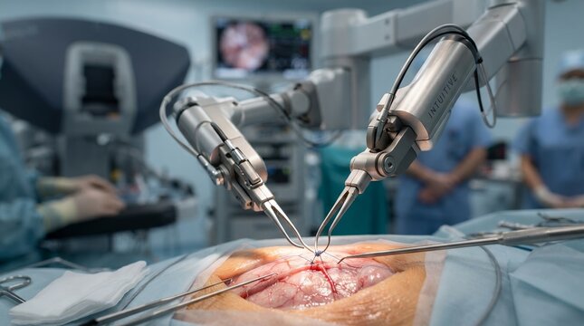 Robotic Surgery Procedure in Modern Operating Room with Medical Team.