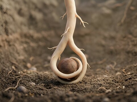 Close-up macro photography of a young seedling root structure gently embracing and dividing around a small organic seed buried deep in moist fertile earth soil