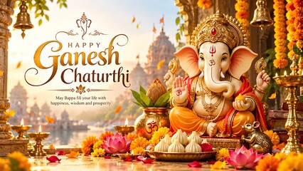 Fototapeta premium Lord Ganesha Ganpati Bappa Ekdant Vakratund Vinayak Chintamani Idol Celebrating Wisdom Prosperity Success and Divine Blessings During Ganesh Chaturthi Festival