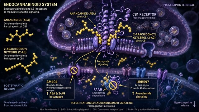 Anandamide and 2-arachidonyl glycerol binding to cb1 receptors alongside am404 reuptake blocker and urb597 faah inhibitor enhancing endocannabinoid signaling