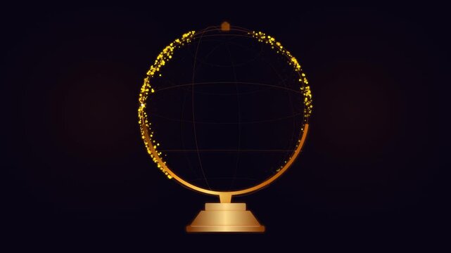 Golden globe frame rotating with sparkling light particles against dark black background.