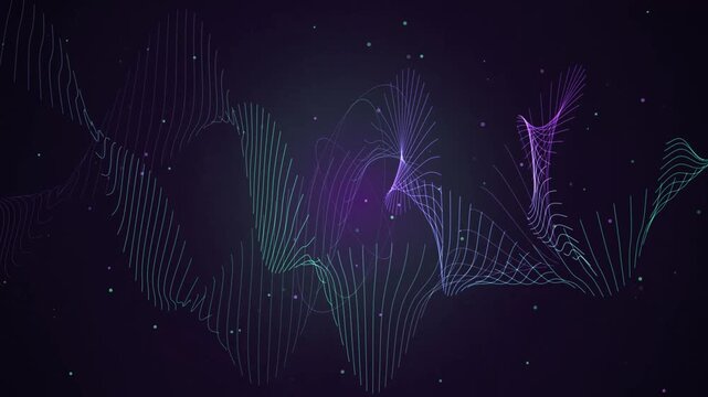 Abstract digital wireframe waves morphing into geometric star shapes on dark background.