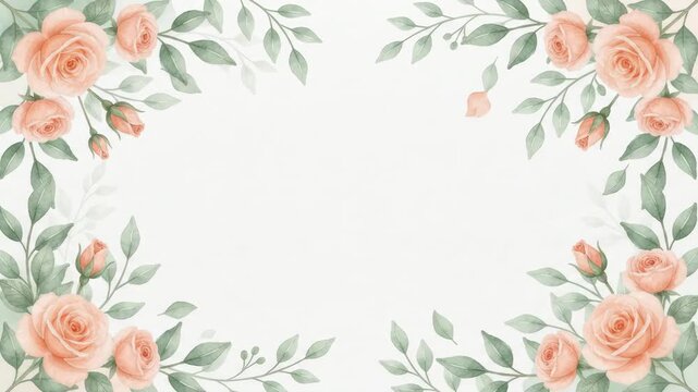 Elegant watercolor floral background with peach roses and green leaves, perfect for invitations and greetings.