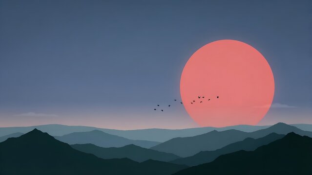 Mountain landscape at sunset illustration. Large red sun setting behind blue mountain ridges with a flock of birds flying in the sky. Flat design