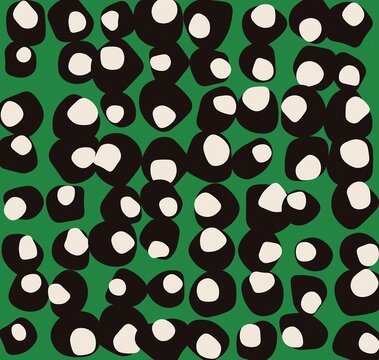 Abstract polka dot pattern on green background. Hand drawn organic circles in black and white. Minimalist geometric textile design.