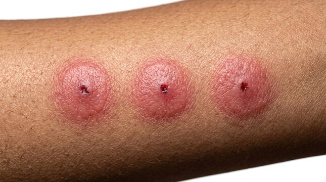 Three Red Insect Bites in a Row Indicating Bedbug or Flea Pattern